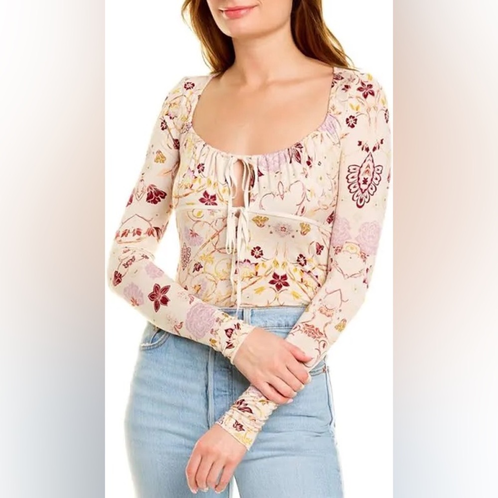 Free People Top Womens Large Ivory Floral Excellent Tie Front Long Sleeve Boho